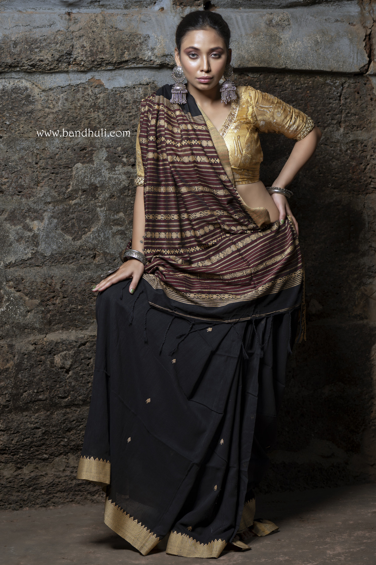 Jet Black Color Mercerized Cotton Saree